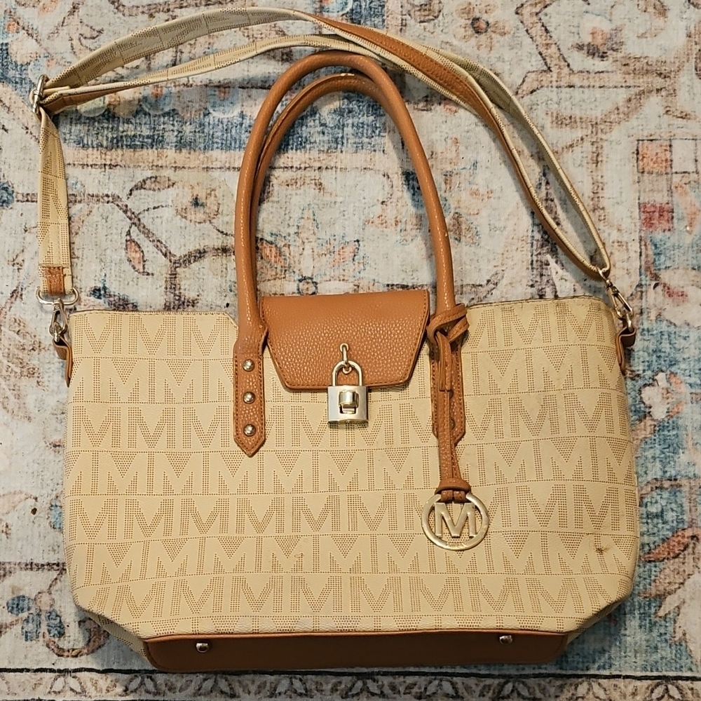 MK-Style Beige & Tan Monogram Satchel with Top Handles
